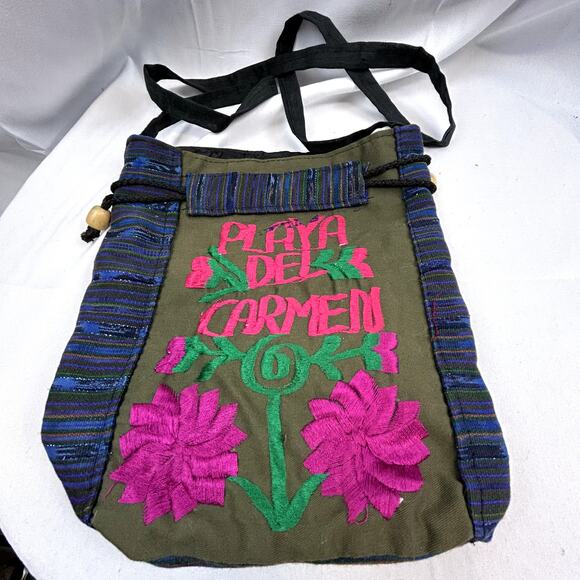 Cloth Purse Bohemian Sling Mexico Playa Del Carmen embroidered cinch lined - Picture 2 of 12